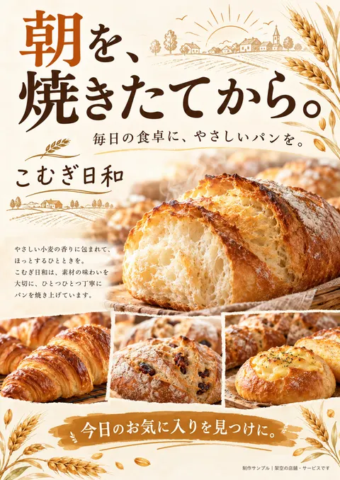 パン屋のチラシ見本「こむぎ日和」