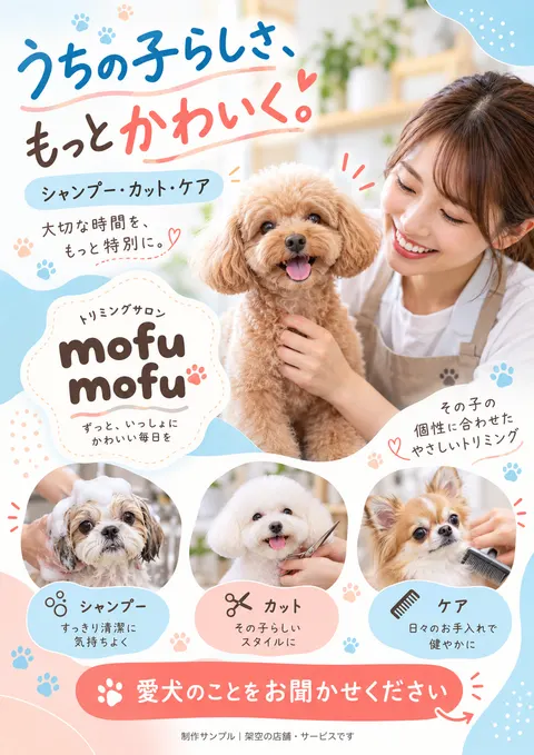 トリミングサロンのチラシ見本「mofumofu」