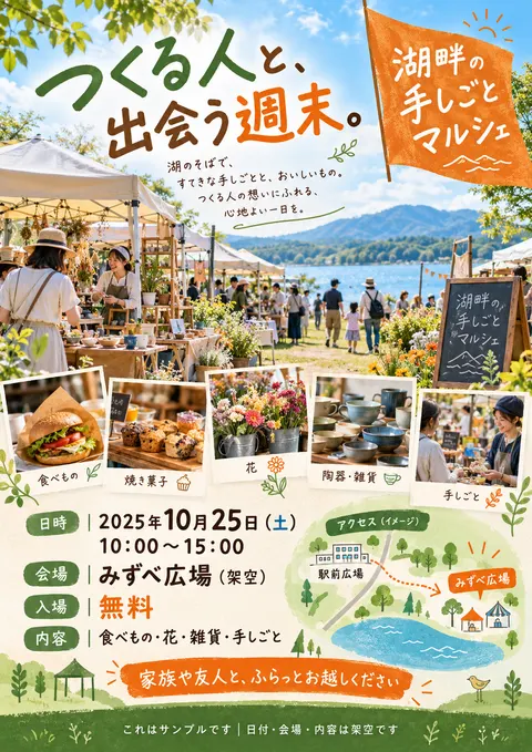 マルシェのチラシ見本「湖畔の手しごとマルシェ」